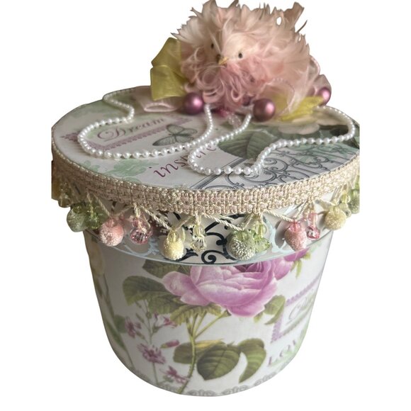 Handcrafted Floral Decorative Storage Box With Pink Feather Bird & Beads - Picture 3 of 9